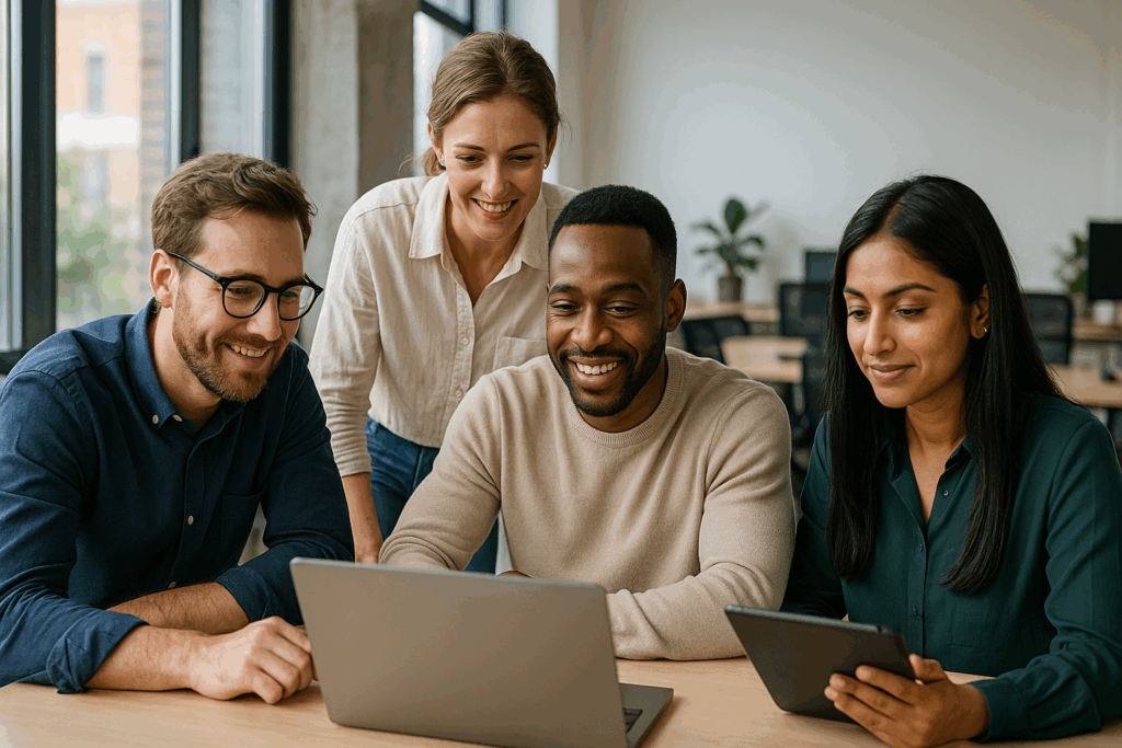 Diverse business team collaborating on AI strategy with digital tools