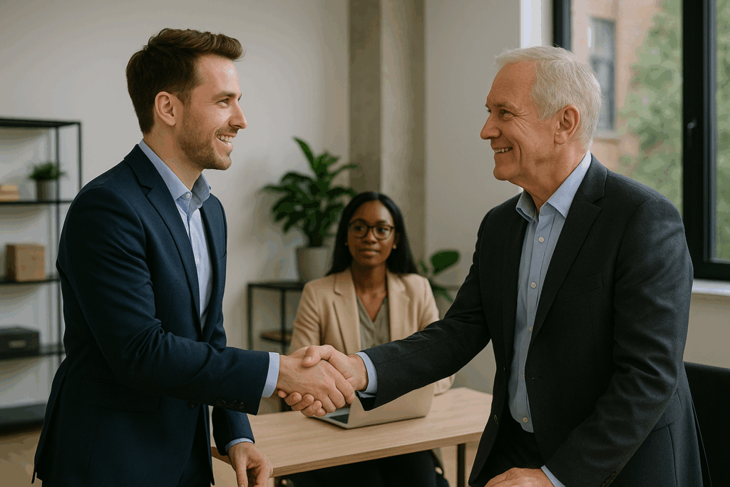 Business professionals shaking hands after AI governance consulting meeting