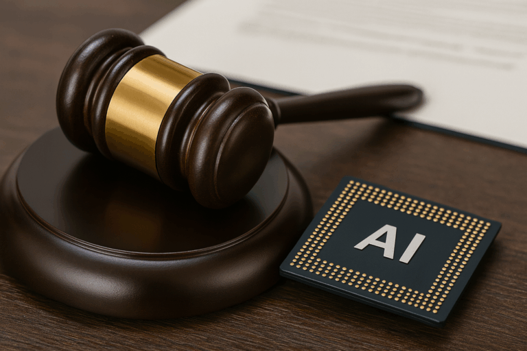 Judge’s gavel next to AI processor chip on wooden desk, symbolizing AI Act compliance.