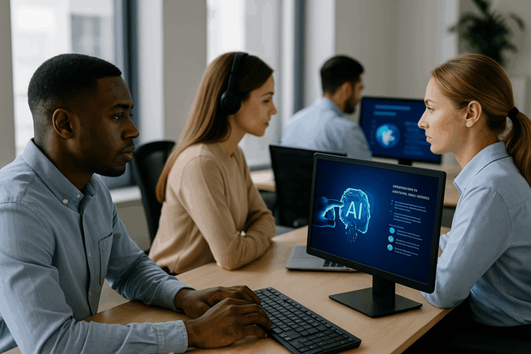 Employees in a meeting learning about AI basics
