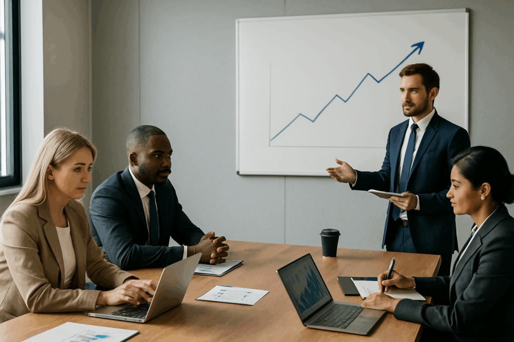 Senior executives reviewing AI policy dashboards