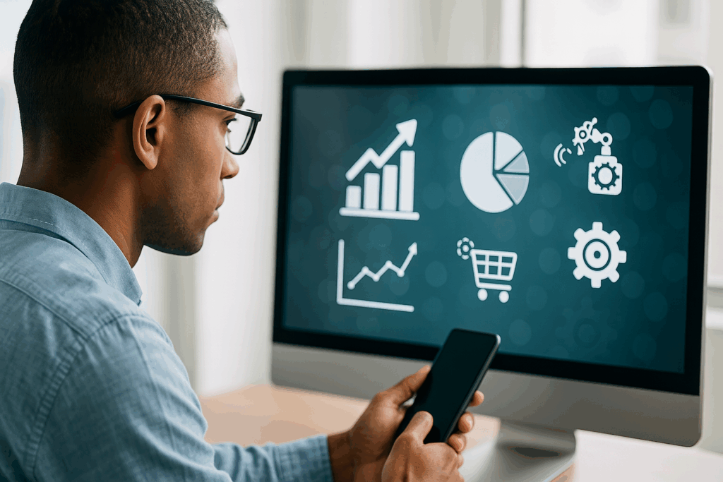 Person reviewing digital charts and automation icons on a screen.