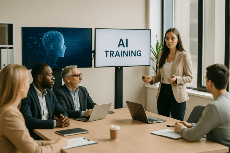 Team attending an AI awareness session in a modern office setting.
