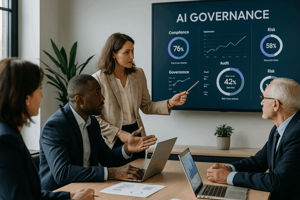 Business leaders reviewing digital compliance and AI dashboards.