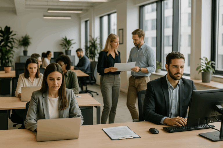 Professionals working with AI tools in a department setting