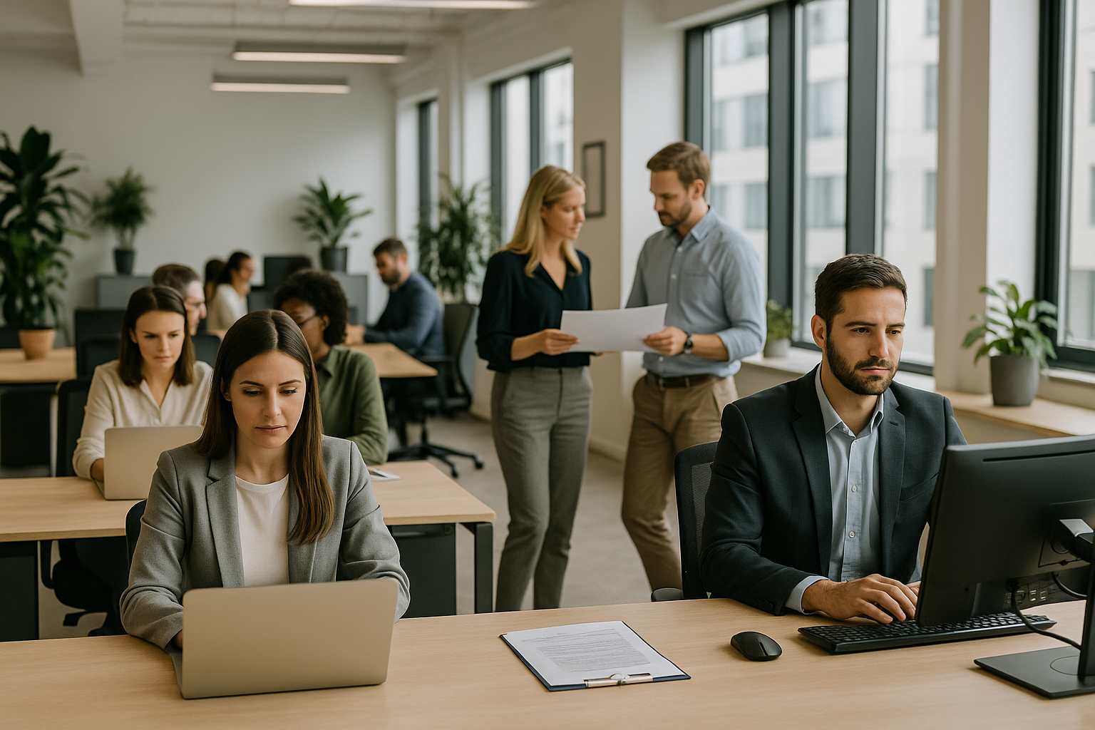 Professionals working with AI tools in a department setting