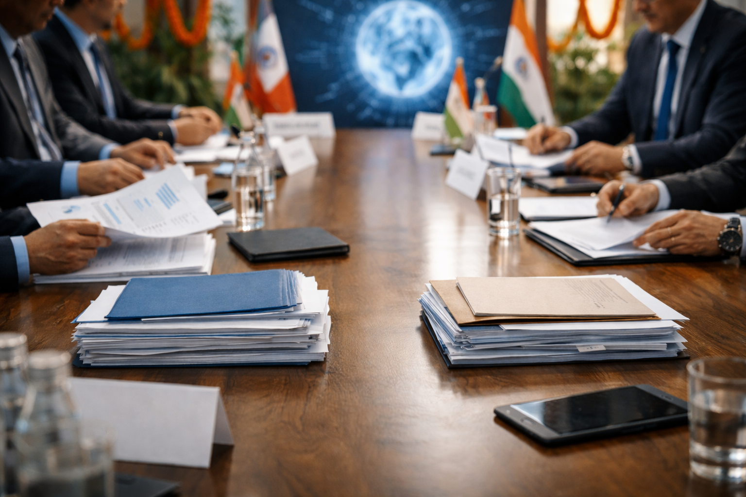 Delegates reviewing documents on global AI governance at the Delhi AI Summit in New Delhi.