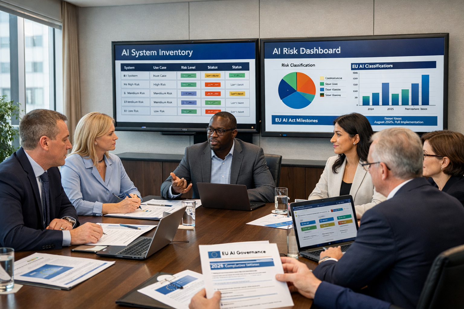 EU AI governance compliance meeting reviewing risk classifications in 2026