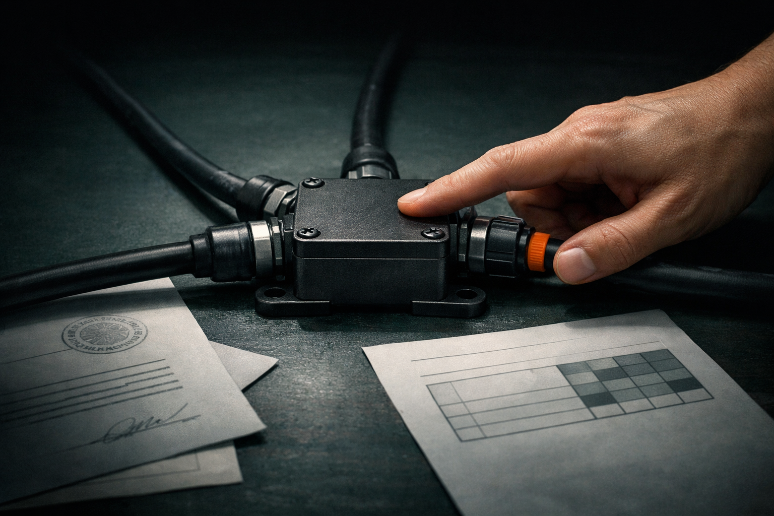 A central junction block with three connected cables resting on contract, regulatory, and risk register documents, representing third-party AI vendor risk and supplier dependency.