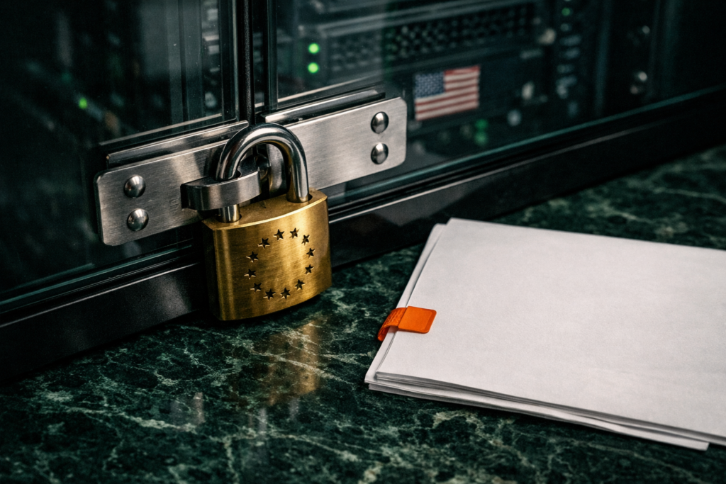 EU sovereign cloud concept showing a padlock with EU stars on a glass server rack containing US-flagged hardware, with an unread contract beside it