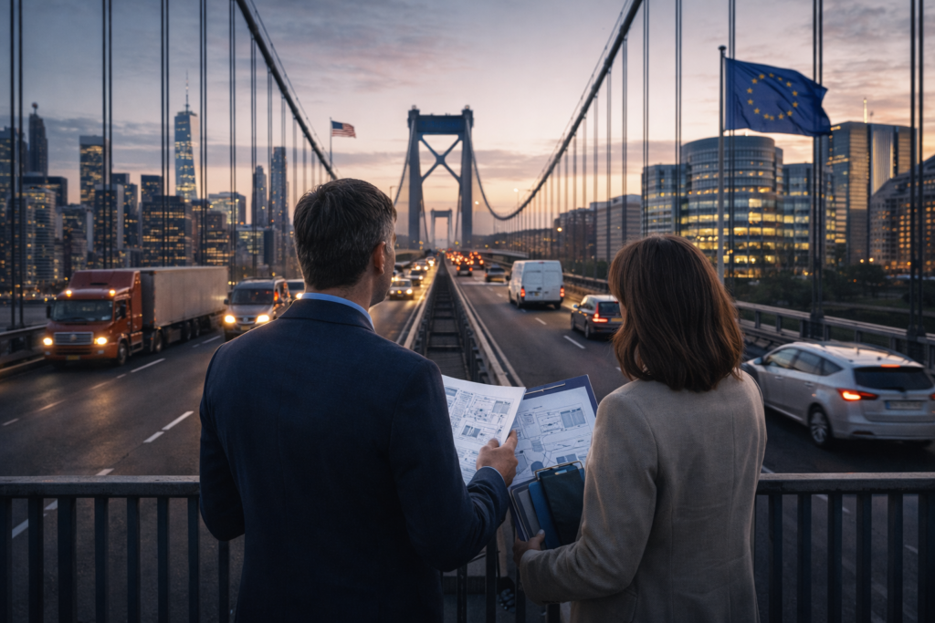 Hybrid AI sovereignty model shown as large and modular server infrastructures connected by a physical bridge structure.