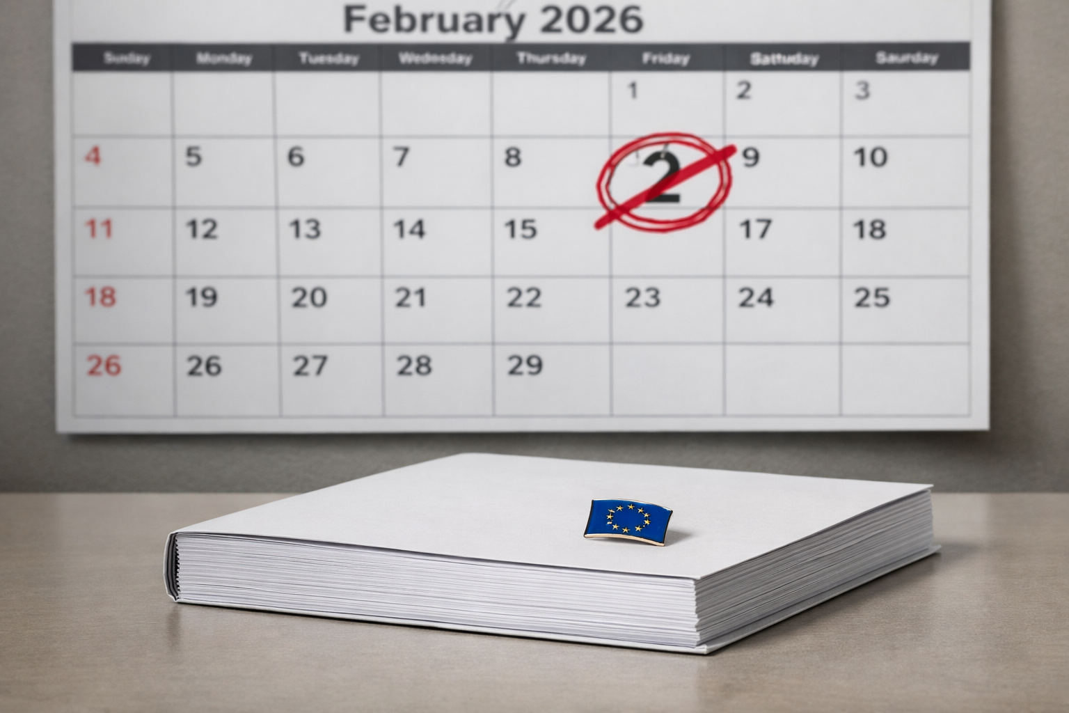 Calendar showing missed February 2026 deadline for EU AI Act high-risk guidance with unopened document on desk