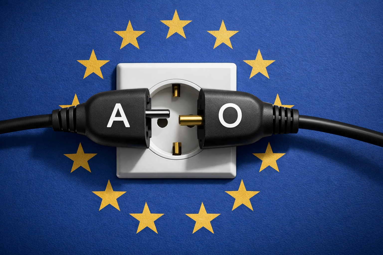 A plug being pulled from a socket marked with EU stars, illustrating EU digital sovereignty risk and AI vendor dependency.
