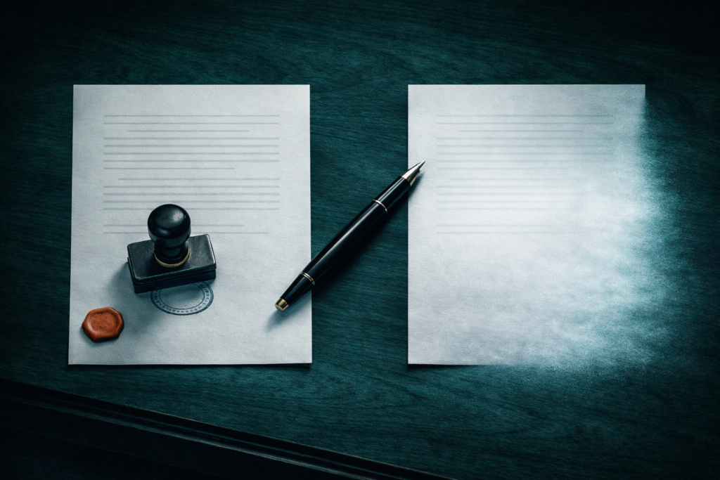 AI-generated output ownership gap illustrated by a stamped document dissolving into blank paper on a desk