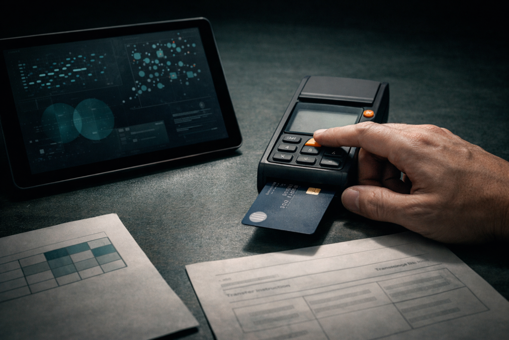 A hand hovering over a payment terminal beside a tablet showing abstract analytics, representing the governance question of who authorises action when AI systems can execute decisions.