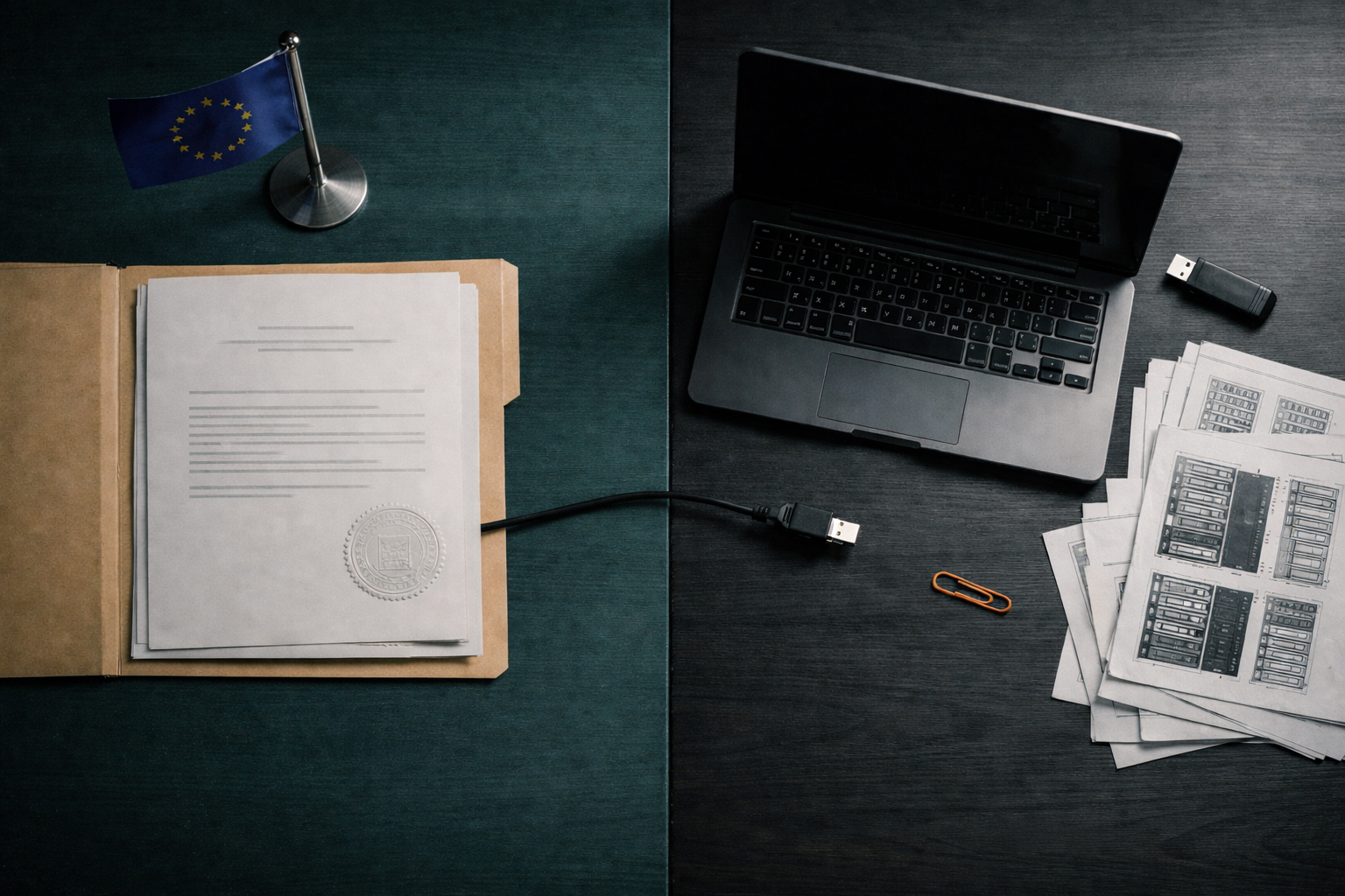 Split desk scene representing AI data-sharing readiness between government and AI provider