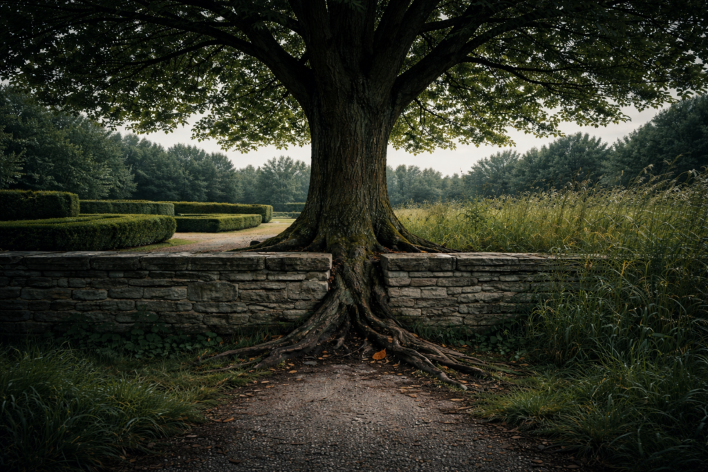 Tree splitting a boundary wall between two contrasting landscapes representing AI provider jurisdiction risk