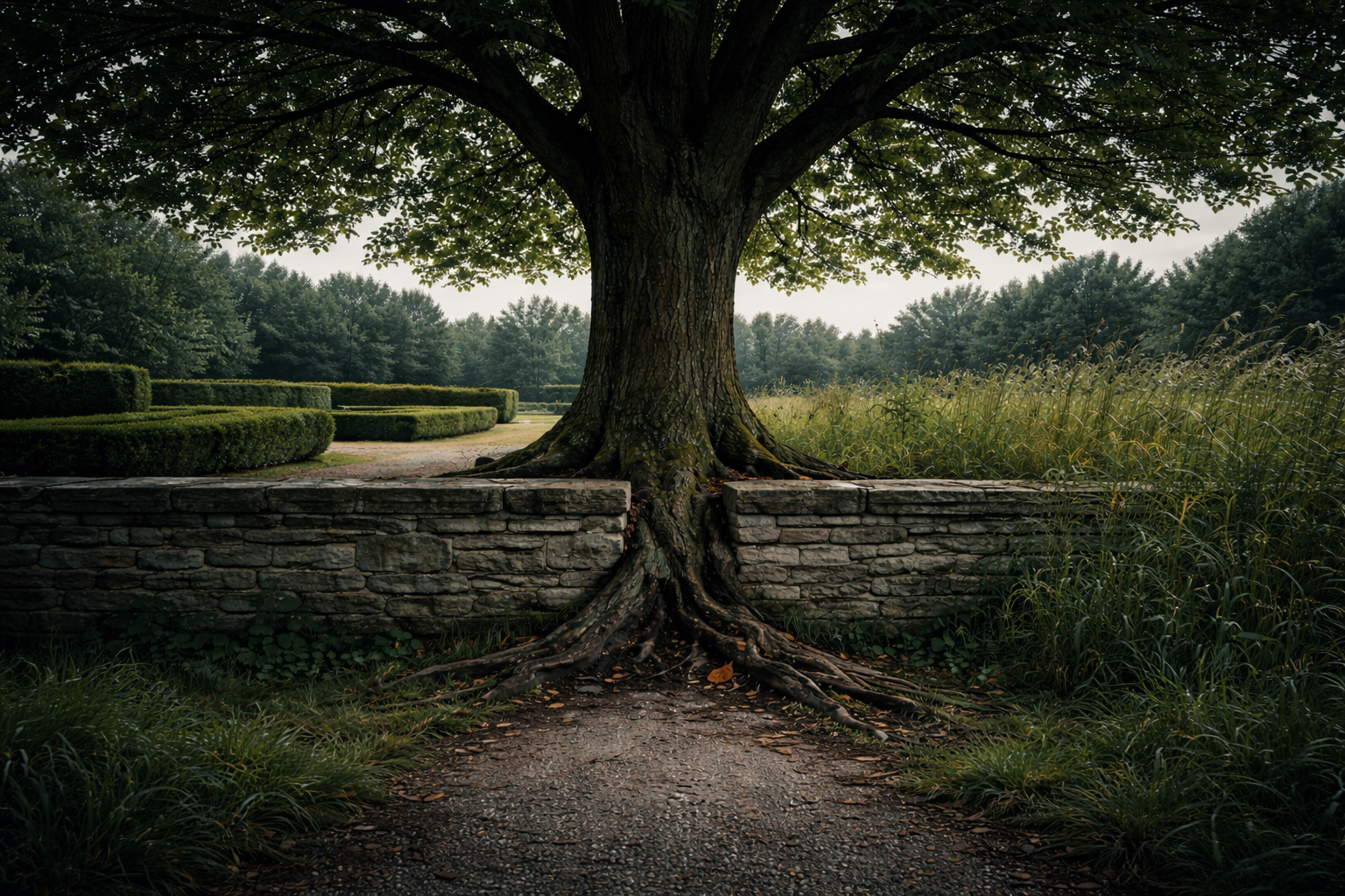 Tree splitting a boundary wall between two contrasting landscapes representing AI provider jurisdiction risk