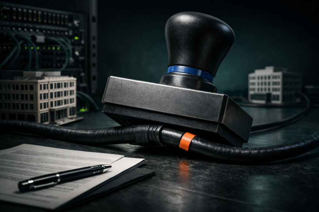 DSA platform designation risk illustrated by a regulatory stamp pressing onto a network cable connecting an office to a server