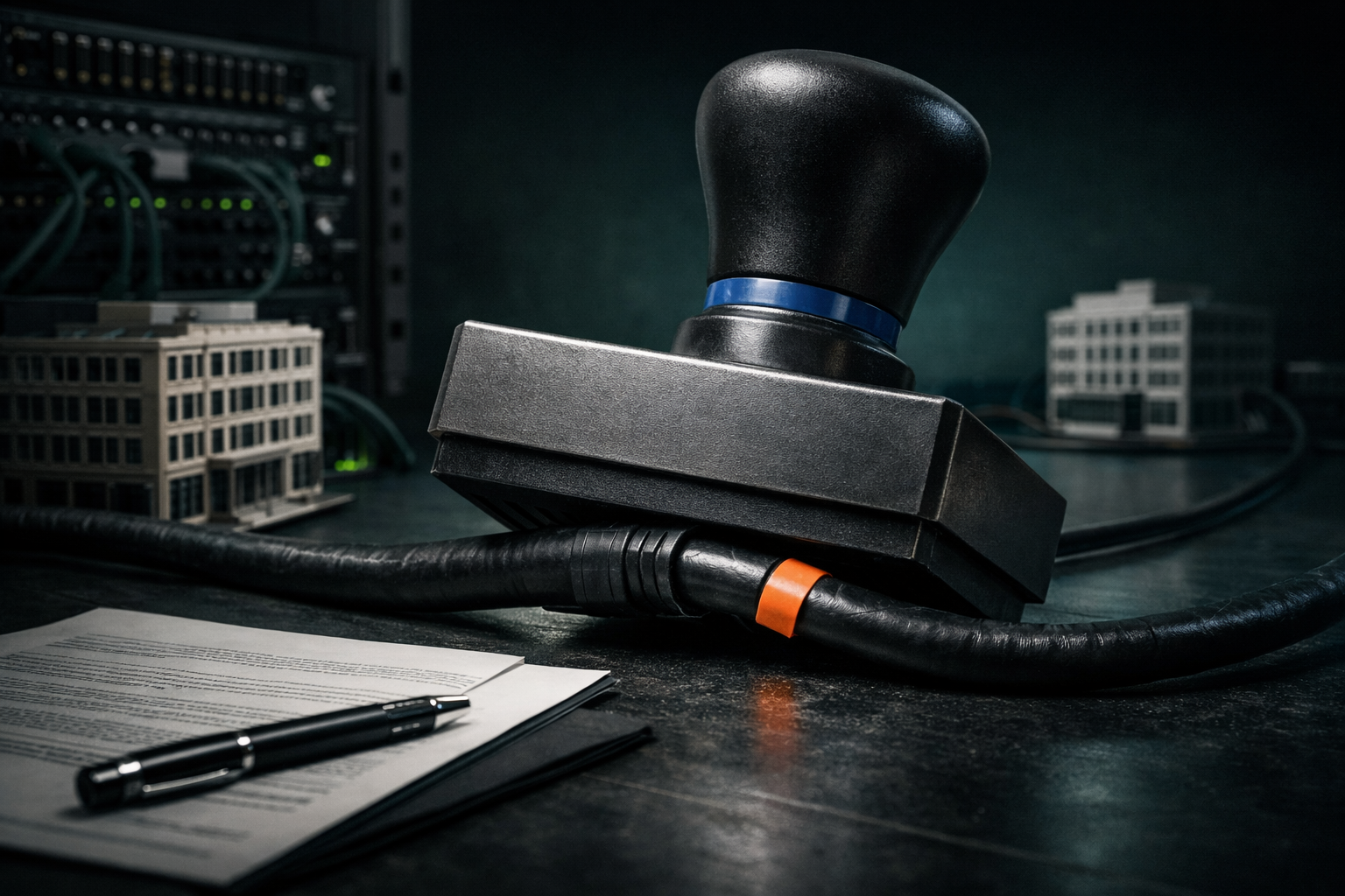 DSA platform designation risk illustrated by a regulatory stamp pressing onto a network cable connecting an office to a server