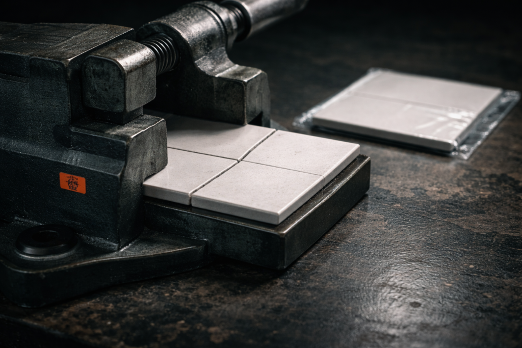 AI vendor governance risk depicted as a ceramic tile fracturing under pressure in an industrial vice with an unopened spare beside it