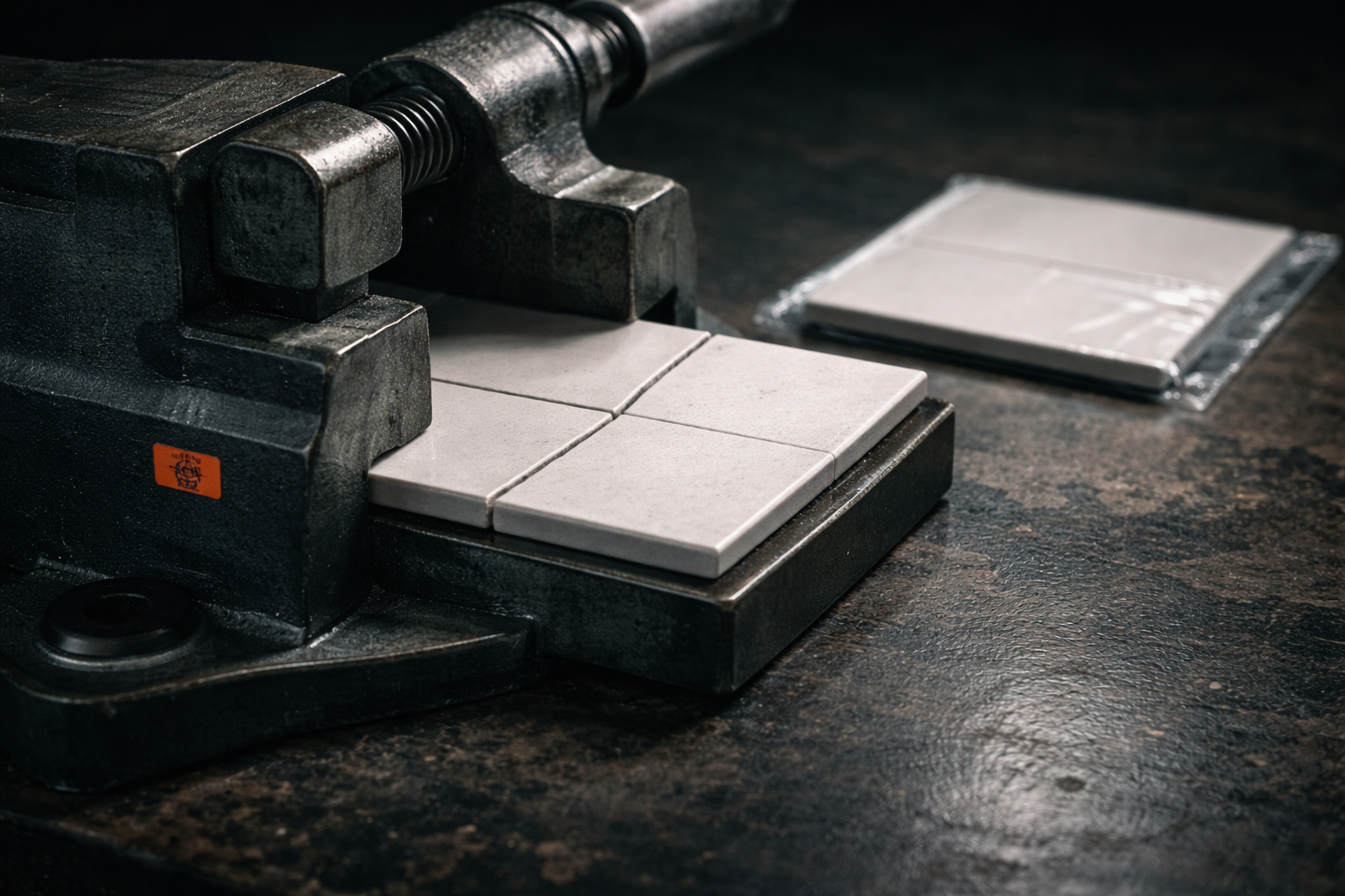 AI vendor governance risk depicted as a ceramic tile fracturing under pressure in an industrial vice with an unopened spare beside it