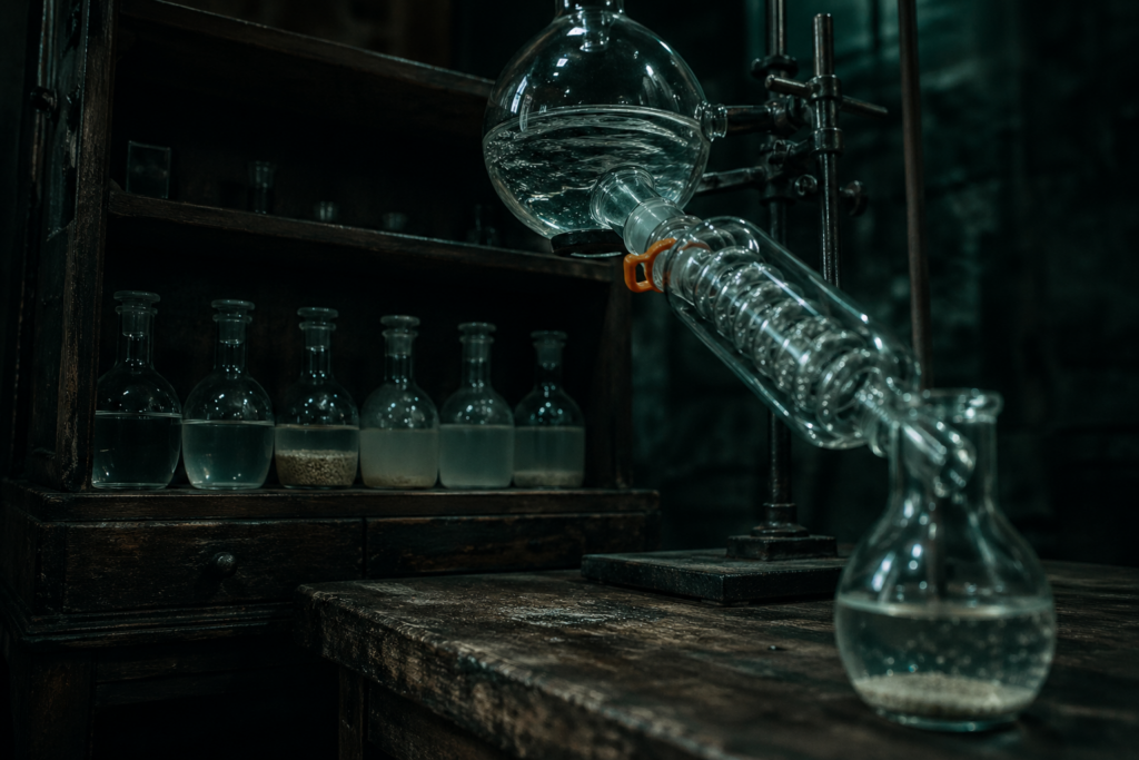 Glass distillation apparatus in a workshop with a row of derivative receiving vessels behind it, illustrating model provenance and the difference between an original AI system and its distilled copies.