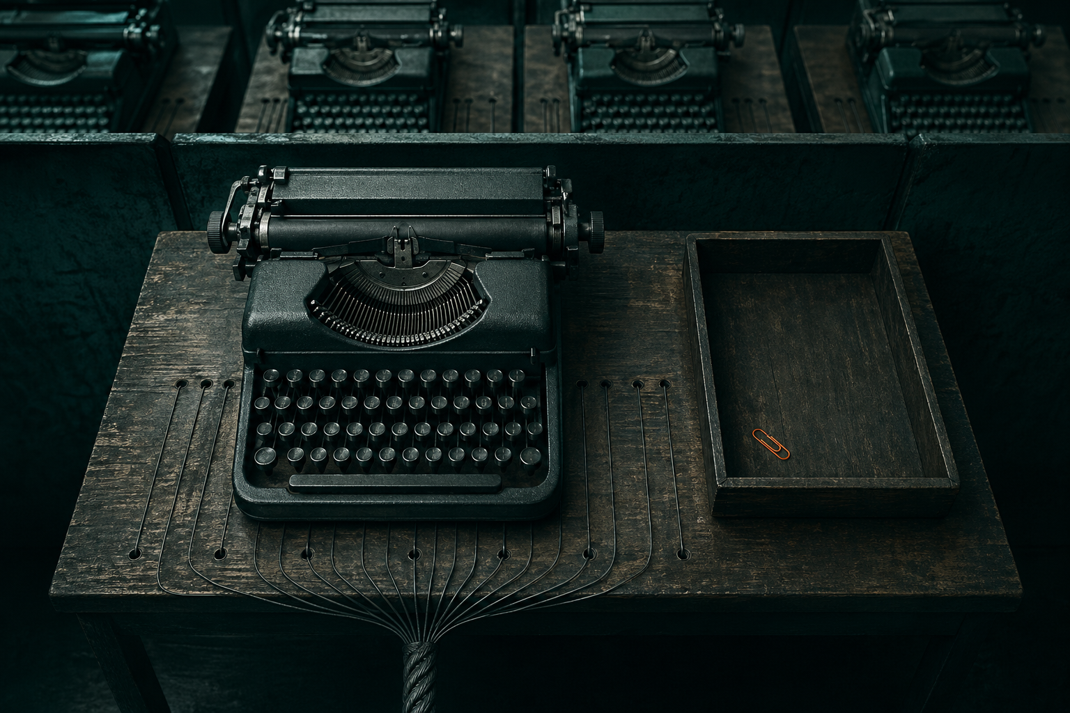 Mechanical typewriter on a wooden desk with wires running from each key into a hidden cable below, illustrating algorithmic management and worker monitoring through keystroke capture.