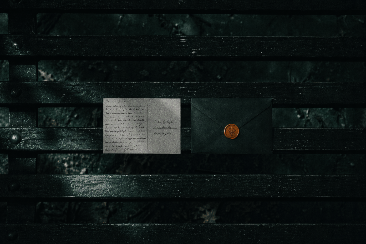 Postcard and sealed envelope on a park bench illustrating AI acceptable use policy confidentiality gap