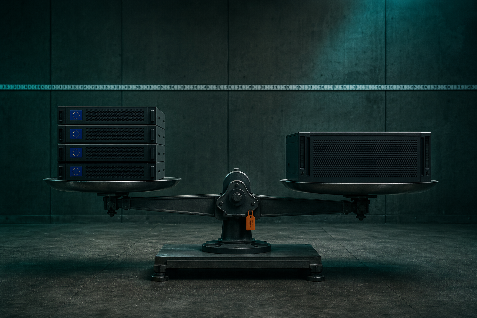 Industrial scale weighing EU-flagged servers against an unmarked unit illustrating the cloud sovereignty framework procurement assessment