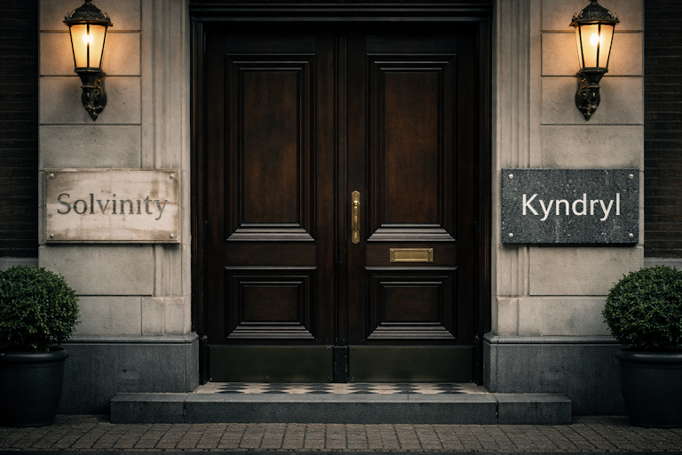 Stone plaques showing Solvinity replaced by Kyndryl illustrating DigiD sovereignty risk