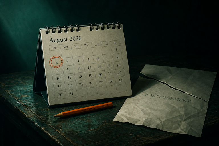 Open August 2026 calendar with 2 August circled in red beside a torn paper marked POSTPONEMENT and a red wax pencil.