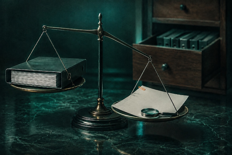 Balance scale weighing a single explanation sheet against a binder of paperwork, illustrating the right to explanation under Article 22 GDPR and Article 86 AI Act