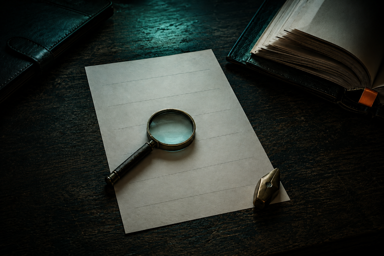 Single sheet ruled into six fields with a magnifying glass and an open leather volume beside it, illustrating the Annex III classification memo against the Commission's draft guidelines