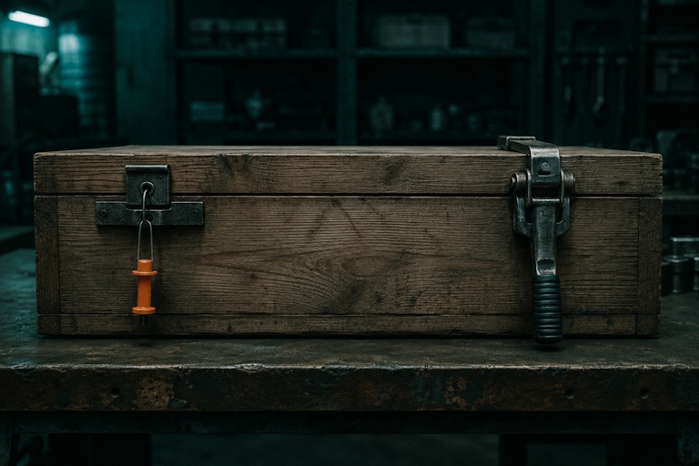 Wooden shipping crate held closed by two independent fasteners, illustrating the Europrivacy transfer tool stack under Article 46.