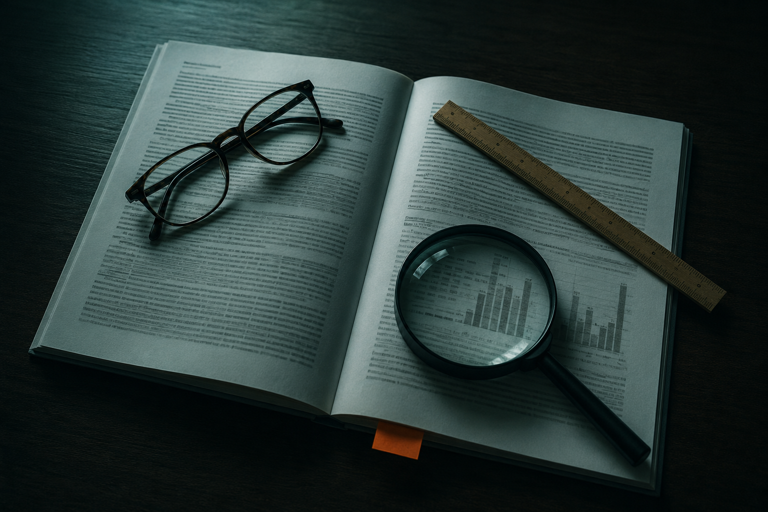 AI evaluation reports illustrated by a single printed report being read through a magnifying glass, reading glasses and a ruler on a wooden desk