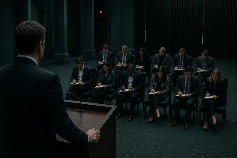 A speaker at a lectern with mouth closed while twelve journalists take notes, illustrating AI chatbot data leakage before any user input.