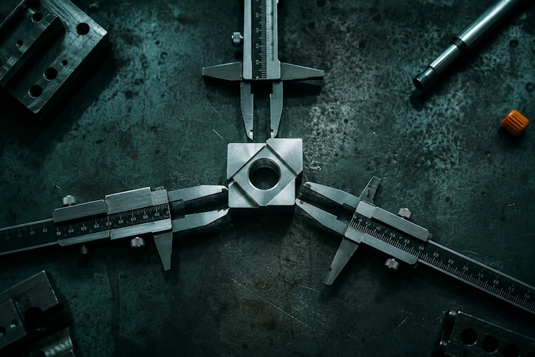 Three sets of calipers measuring one metal workpiece on a workshop bench, illustrating cyber-capable AI compliance across three regimes.