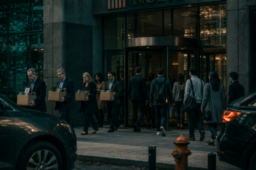 Mid-aged employees carrying cardboard boxes leave a corporate office through a revolving door as younger workers arrive.