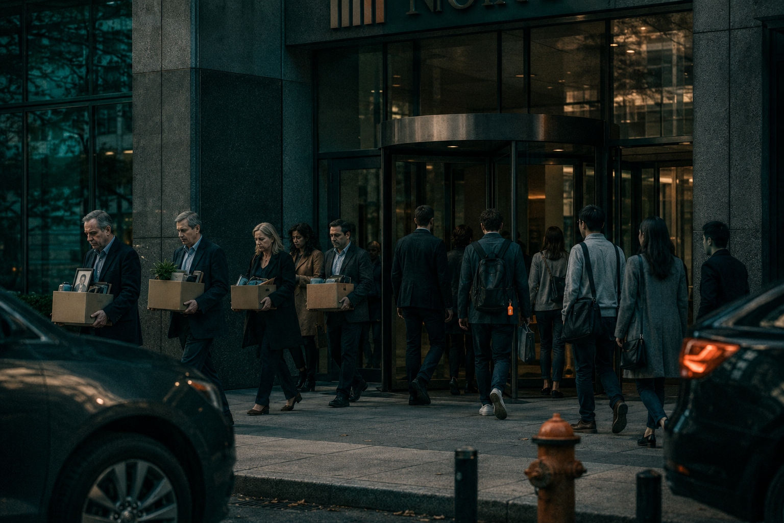 Mid-aged employees carrying cardboard boxes leave a corporate office through a revolving door as younger workers arrive.