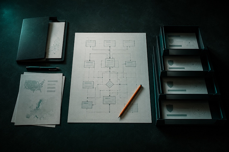 Overhead view of a dark boardroom table with a loose folder and papers on the left, a strict four-tier document stack on the right, and a central diagram sheet connecting both sides.
