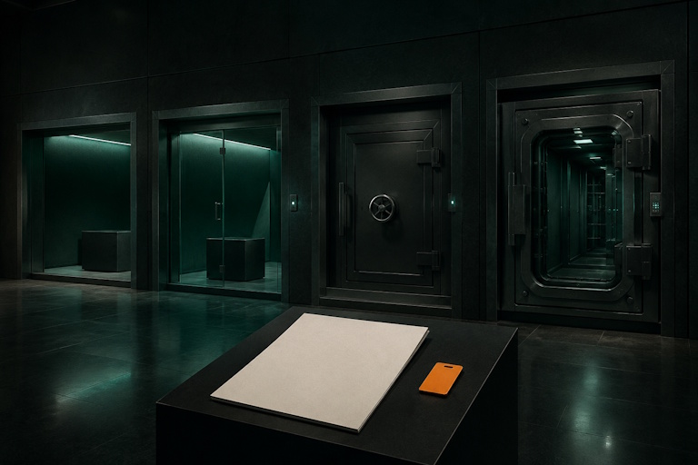 A dark secure gallery with four progressively protected bays and a single procurement dossier in the foreground representing graded sovereignty assessment.