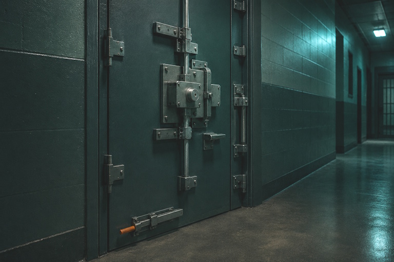 AI cyber risk shown as a high-tech security door undone by one unfastened basic bolt.