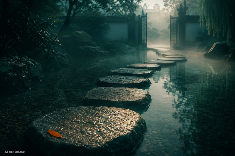 AI generated image - stepping-stone path to a distant gate, illustrating the Digital Omnibus AI Act deadlines that fall in 2026 before the 2027 high-risk dates.