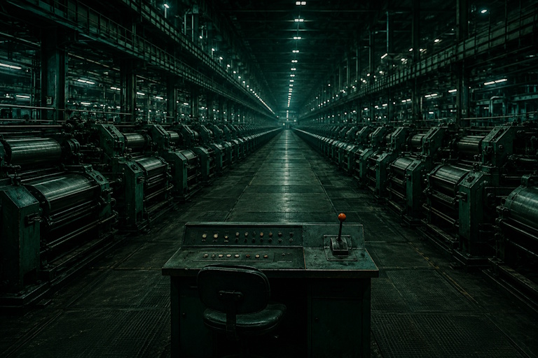 A vast machine line governed by a single small control desk, illustrating the governance debt of scaling AI.