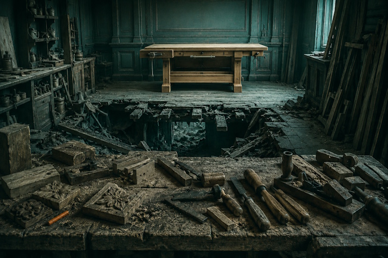 Abandoned apprentice bench and empty master bench with a broken path, showing a thinning junior talent pipeline.