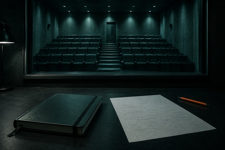 AI confidentiality risk shown as private desk notes exposed to a hidden public gallery through one-way glass.