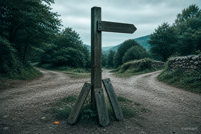 AI generated image - a signpost with three arms removed and one still fixed, illustrating the AI Act transparency deadline that did not move.