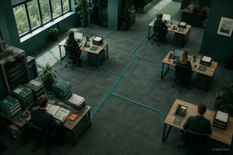 AI generated image - office floor showing AI job titles spreading from the technology corner into other departments