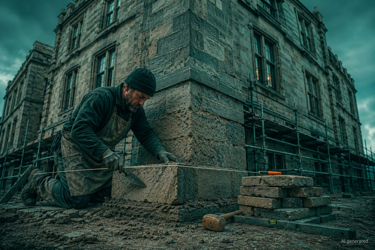 AI generated image - a stonemason setting the foundation stones of a building already rising above, illustrating AI literacy as the groundwork under the AI Act.
